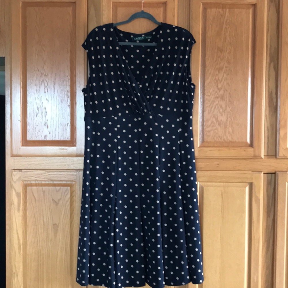 Lauren Navy and gold polka dot dress